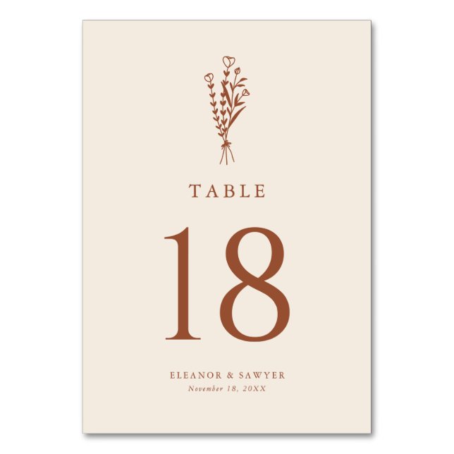Terracotta Boho Minimalist Botanicals Wedding Table Number (Front)