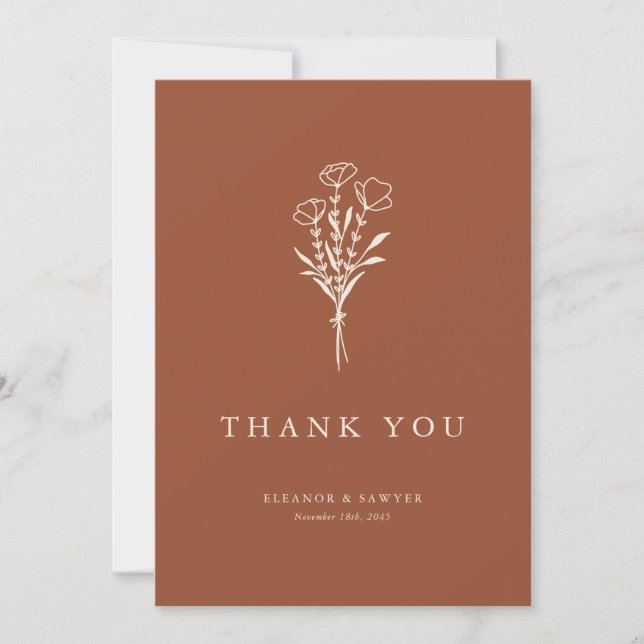 Terracotta Boho Minimalist Botanicals Wedding Thank You Card (Front)