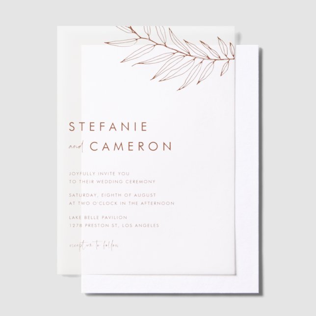 Terracotta Boho Minimalist Foliage Wedding Vellum Invitations (Offset)