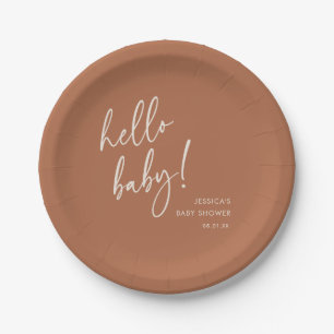 Terracotta Boho Minimalist Hello Baby Shower Paper Plate