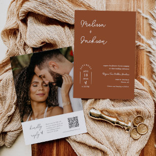 Terracotta Boho Minimalist Wedding QR Code Photo Invitation