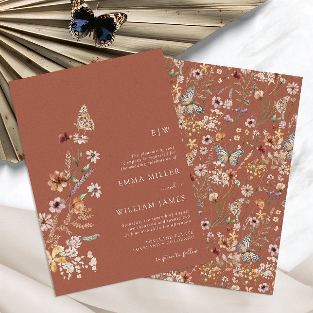 Terracotta Boho Monogram Wedding Invitation (Terracotta Boho Wildflower Monogram Wedding Invitation Butterfly by Painted Paperie
)