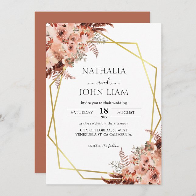 Terracotta Boho Pampas Geometric Gold Wedding Invitation (Front/Back)