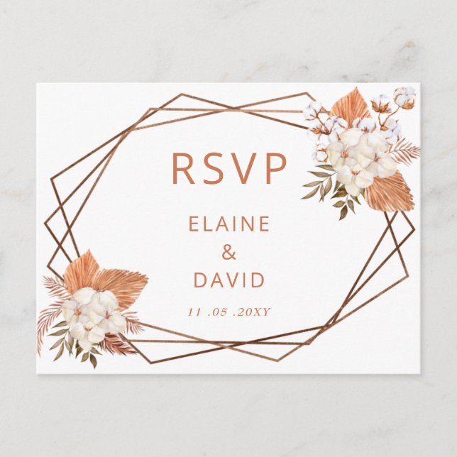 Terracotta Boho Pampas Geometric Wedding RSVP Invitation Postcard (Front)
