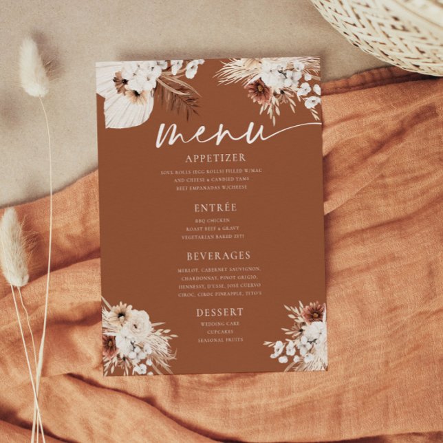 Terracotta Boho Pampas Gras Wedding Flat Menu (Creator Uploaded)