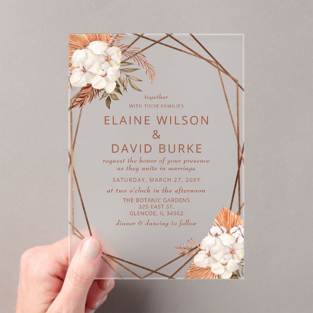 Terracotta Boho Pampas Wedding Acrylic Invitations (Insitu (Handheld))