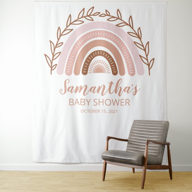 Terracotta Boho Rainbow Baby Shower Backdrop Tapestry (In Situ)