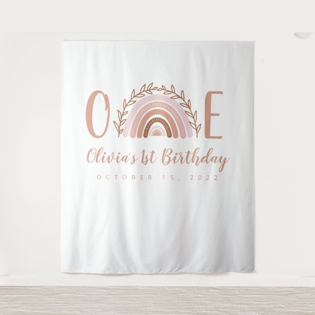 Terracotta Boho Rainbow First Birthday Backdrop Tapestry (Front)