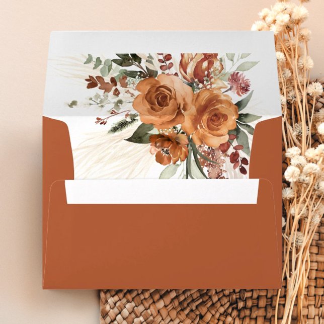 Terracotta Boho Rose Floral Liner & Addressed Envelope (Terracotta rose floral printed wedding envelope with liner, boho garden wedding stationery)