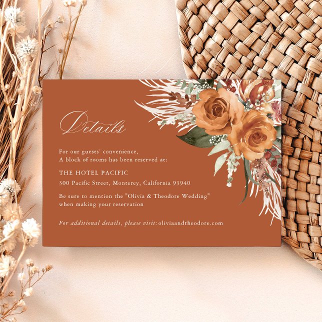 Terracotta Boho Rose Floral Wedding Details Hotel Enclosure Card (Terracotta boho rose floral hotel details card wedding stationery pampas, watercolor, modern classic)