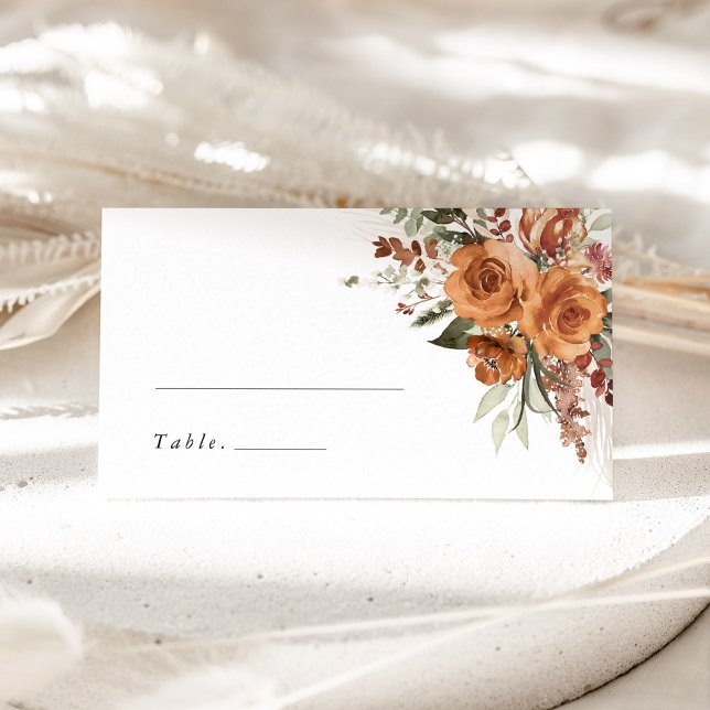 Terracotta Boho Rose Floral Wedding Name Place Card (Terracotta boho floral wedding place card with watercolor roses, elegant table name card)