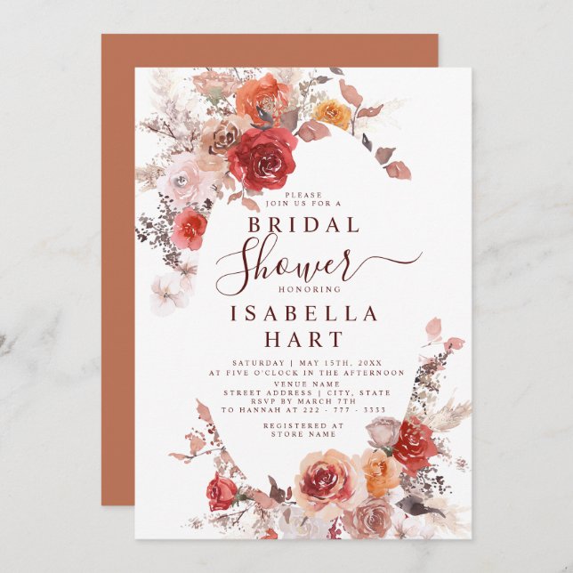 Terracotta Boho Rust Orange Burgundy Bridal Shower Invitation (Front/Back)