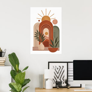 Terracotta Boho Sun Arches Minimalist Plant Art Poster