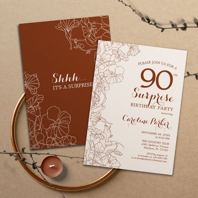 Terracotta Boho Surprise 90th Birthday Party Invitation (Creator Uploaded)