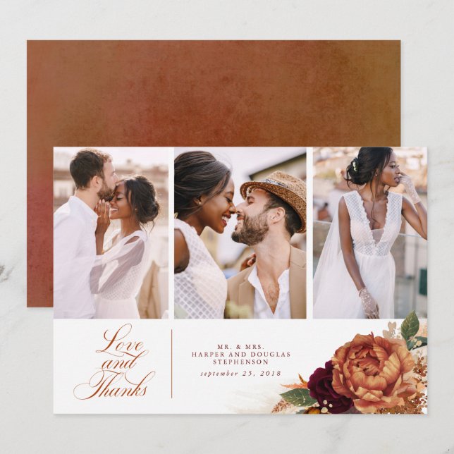 Terracotta Boho Wedding Thank You 3 Photos Card (Front/Back)