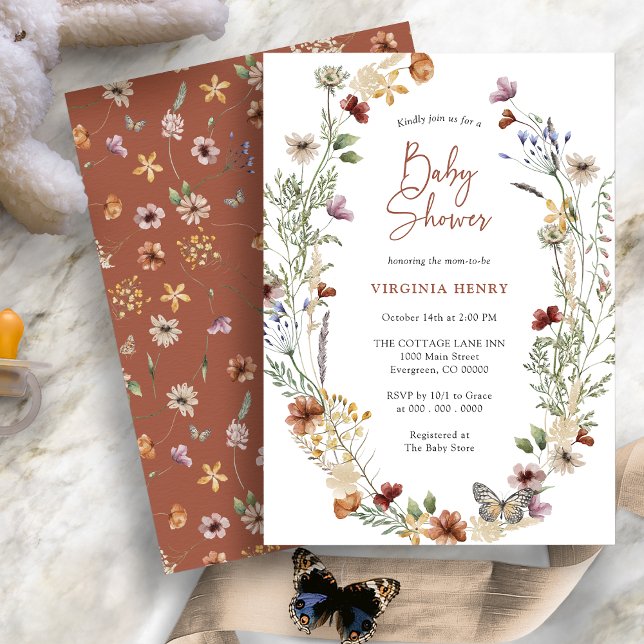 Terracotta Boho Wildflower Baby Shower Invitation (Terracotta Boho Wildflower Baby Shower Invitation with Butterfly by Painted Paperie
)