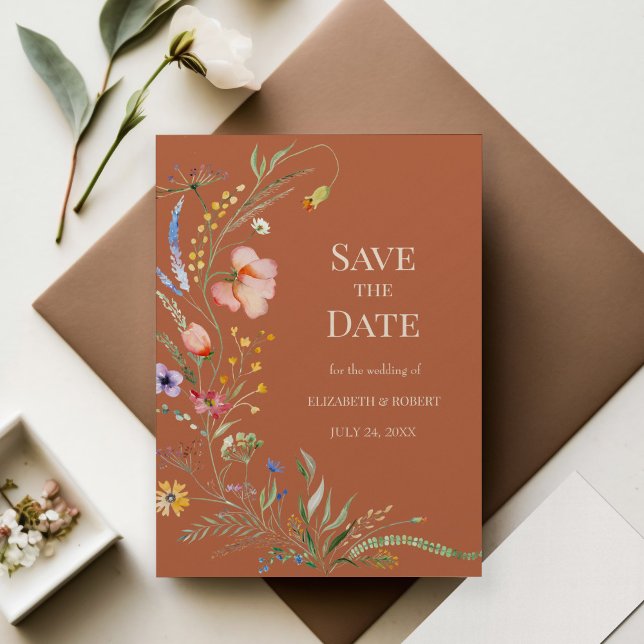 Terracotta Boho Wildflowers Save The Date Card (Terracotta Boho Wildflowers Save The Date Card on wedding table with decoration and flowers)