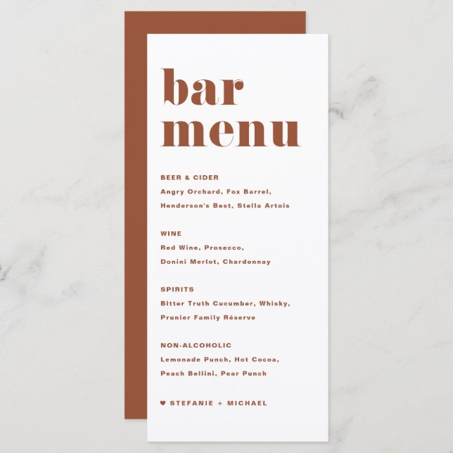 Terracotta Bold Retro Typography Wedding Bar Menu (Front/Back)