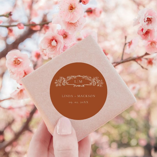 Terracotta botanical crest monogram wedding classic round sticker (Creator Uploaded)