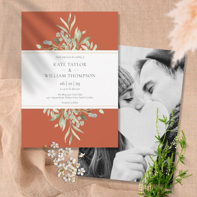 Terracotta Botanical Greenery Photo Wedding Invitation (Creator Uploaded)
