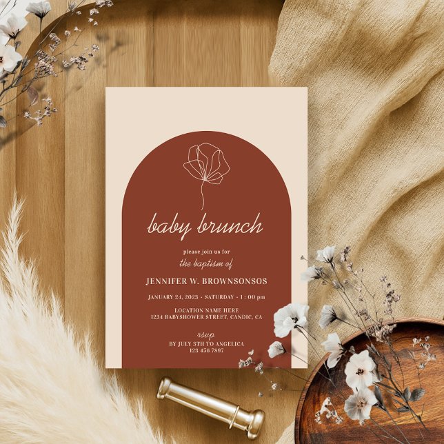 Terracotta Botanical Simple Boho Baby Baptism Invitation (Creator Uploaded)
