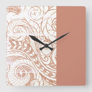 Terracotta Botanical Swirl Modern Square Wall Clock