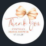 Terracotta Bow Favours Thank You  Classic Round Sticker<br><div class="desc">Bring a little extra charm to your celebration with these elegant terracotta bow thank you stickers. Featuring a soft watercolor bow and graceful handwritten-style script,  they’re the perfect finishing detail for baby showers,  bridal showers,  engagement parties,  or weddings.</div>