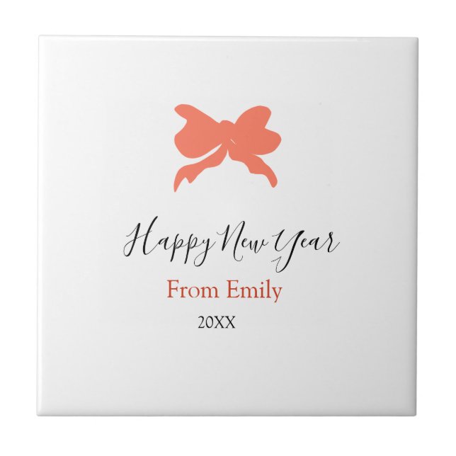Terracotta bow happy new year name year boho retro ceramic tile (Front)