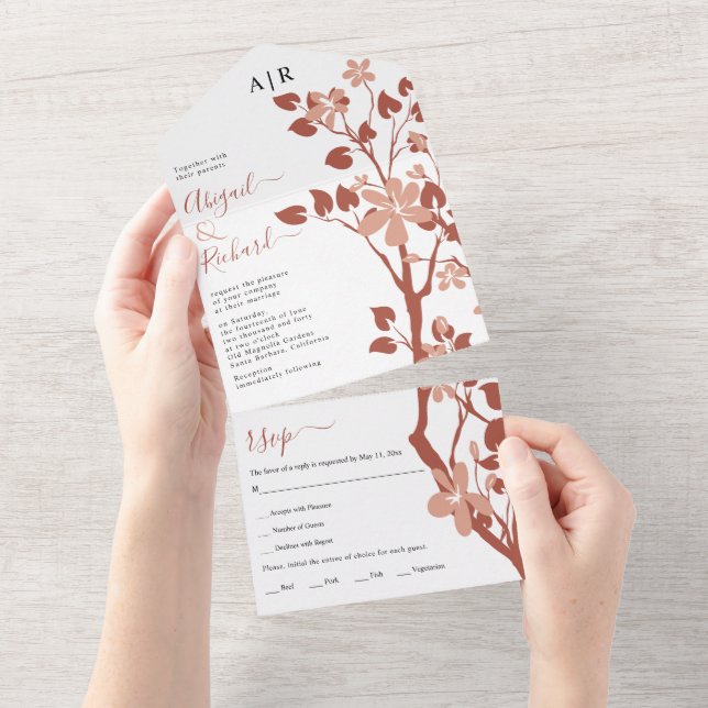 Terracotta branch with flowers white wedding all in one invitation (Tearaway)