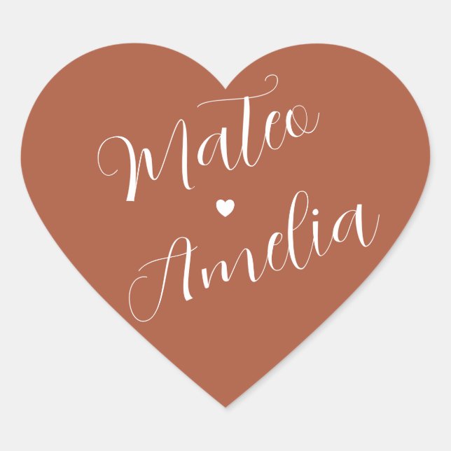 Terracotta Bride and Groom Names on Wedding Heart Sticker (Front)
