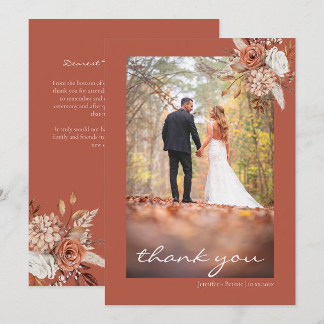 Terracotta Brown Bohemian Floral Rustic Wedding Thank You Card (Front/Back)