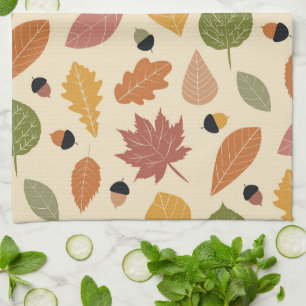 Terracotta Brown Green Autumn Leaves Tea Towel