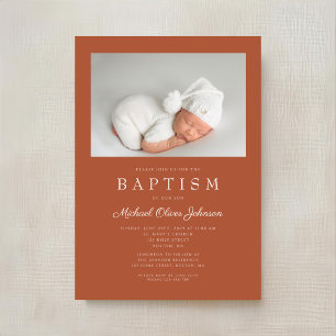 Terracotta Brown Modern Photo Baptism Invitation