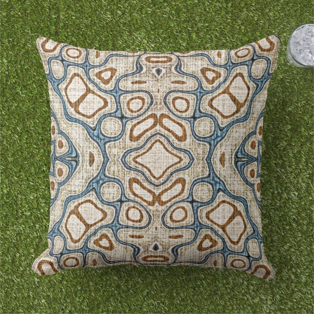 Terracotta Brown Red Teal Blue Orient Tribal Art Cushion (Grass)