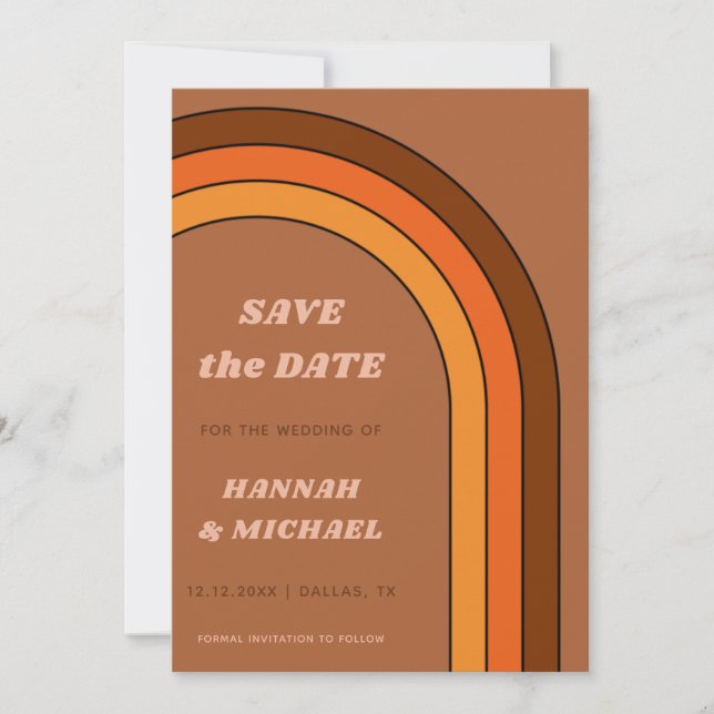 Terracotta Brown Retro Rainbow Minimalist Boho Save The Date (Front)