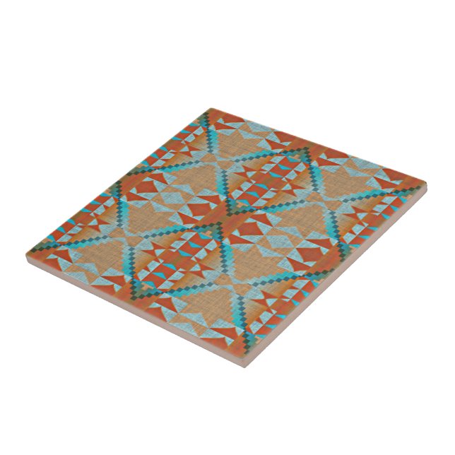 Terracotta Brown Turquoise Blue Ethnic Tribe Art Ceramic Tile (Side)