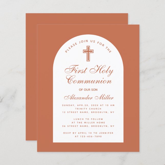  Terracotta Budget Boy First Communion Invitation (Front/Back)
