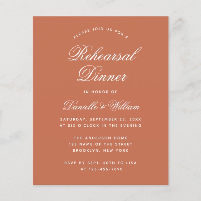 Terracotta Budget Rehearsal Dinner Invitation (Front)