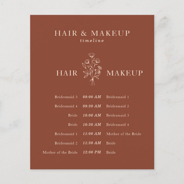 Terracotta Budget Wedding Hair Makeup Timeline Flyer (Front)