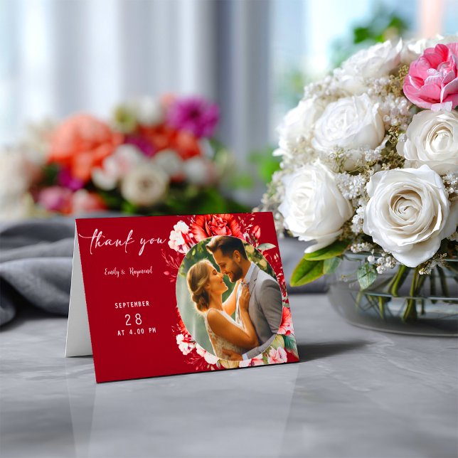 Terracotta Burgundy Blush Floral Wedding Photo Thank You Card (Creator Uploaded)