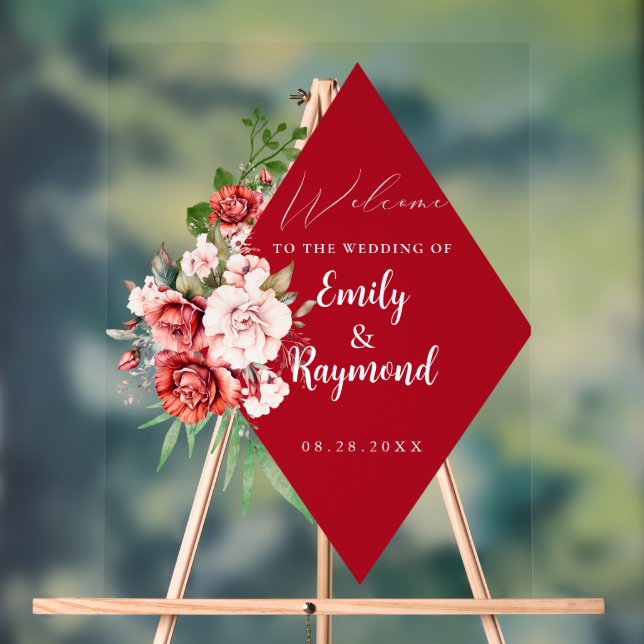 Terracotta Burgundy Blush Floral Wedding Welcome  Acrylic Sign (Neutral)