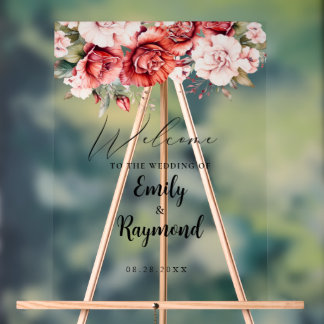 Terracotta Burgundy Blush Floral Wedding Welcome  Acrylic Sign
