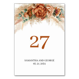 Terracotta burgundy eucalyptus and pampas grass table number