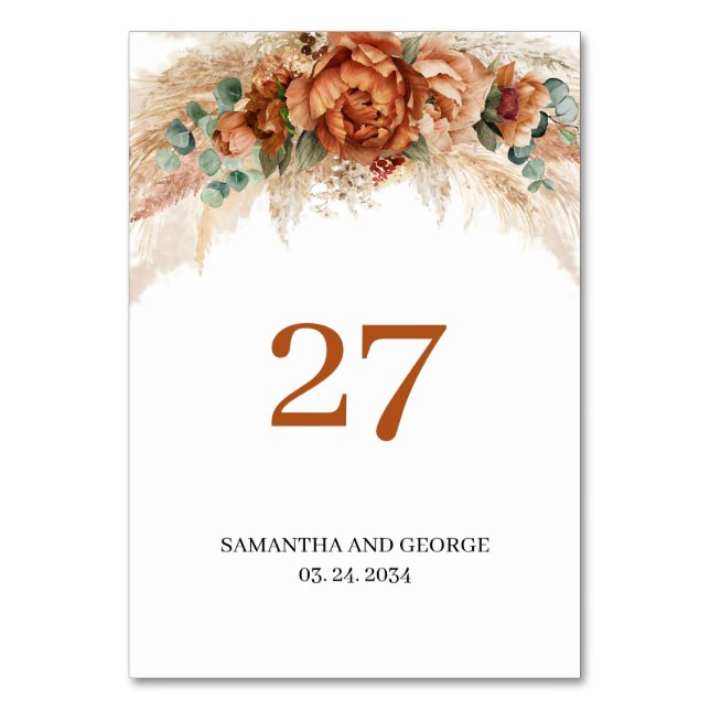 Terracotta burgundy eucalyptus and pampas grass table number (Front)