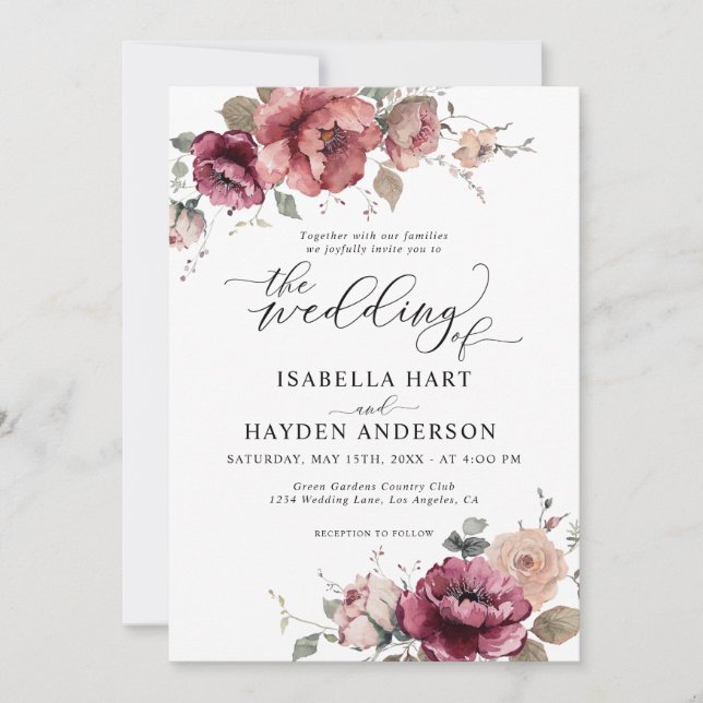 Terracotta Burgundy Fall Floral Boho Wedding Invitation (Front)