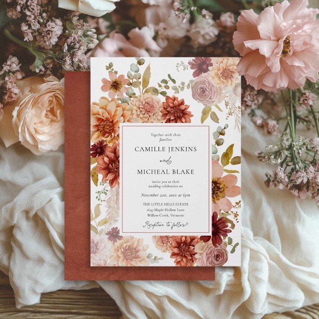 Terracotta Burgundy Fall Floral Wedding Invitation (Fall Burgundy Rustic Wedding Invitation)