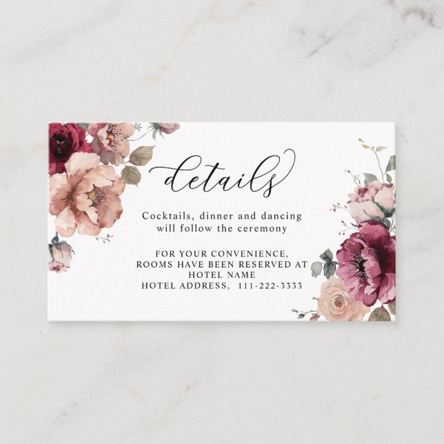 Terracotta Burgundy Fall Flowers Wedding Details Enclosure Card (Front)