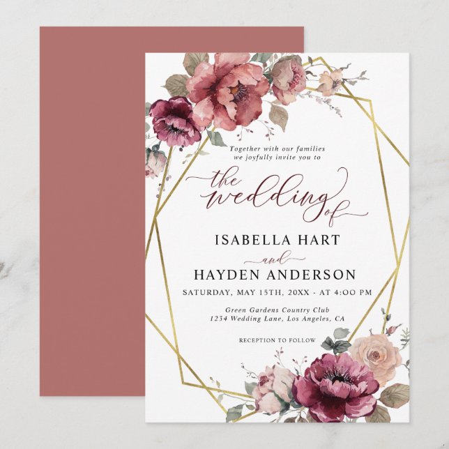 Terracotta Burgundy Floral Gold Beige Fall Wedding Invitation (Front/Back)