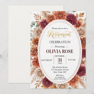 Terracotta Burgundy Floral Oval Retirement Invite