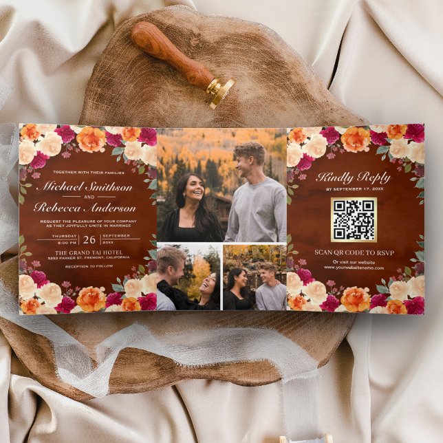 Terracotta Burgundy Floral Photo QR Code Wedding Tri-Fold Invitation (Creator Uploaded)
